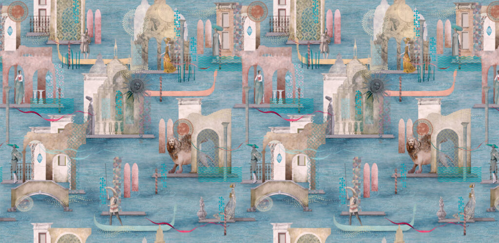 Detail of Venice icons floating on water