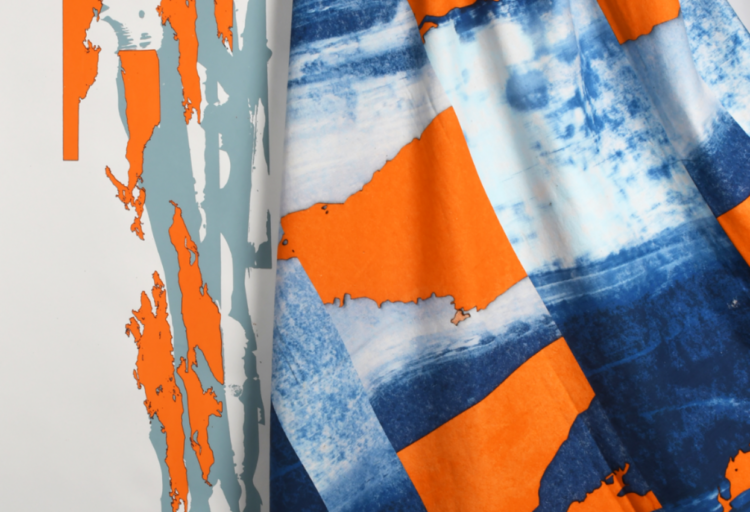 Textile with Blues and oranges in abstract shapes