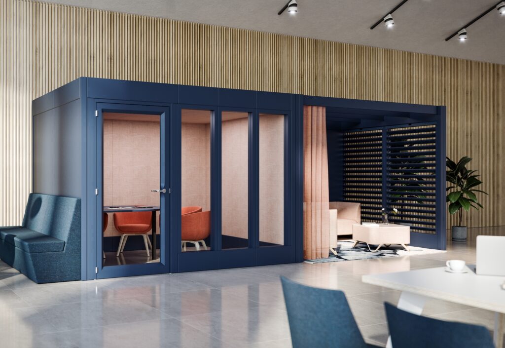Meeting room with blue exterior and open space with louvered wall