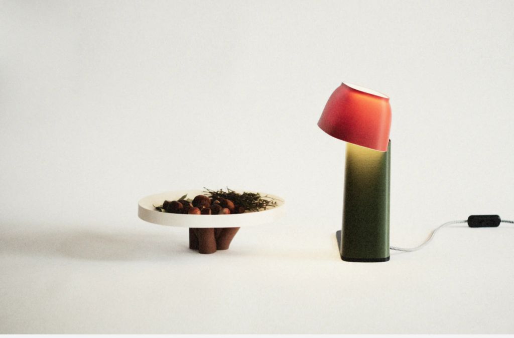 Sustainable lamp in green with red shade