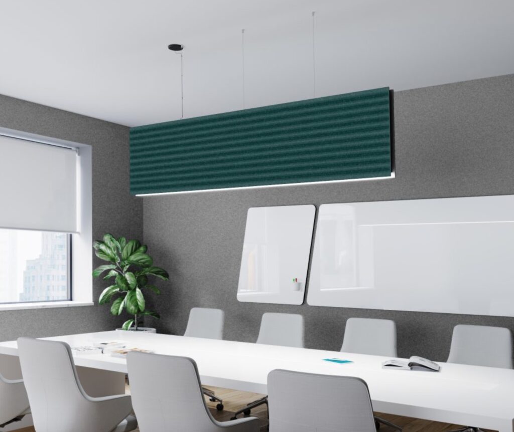 Motif green panel suspended from ceiling in conference room
