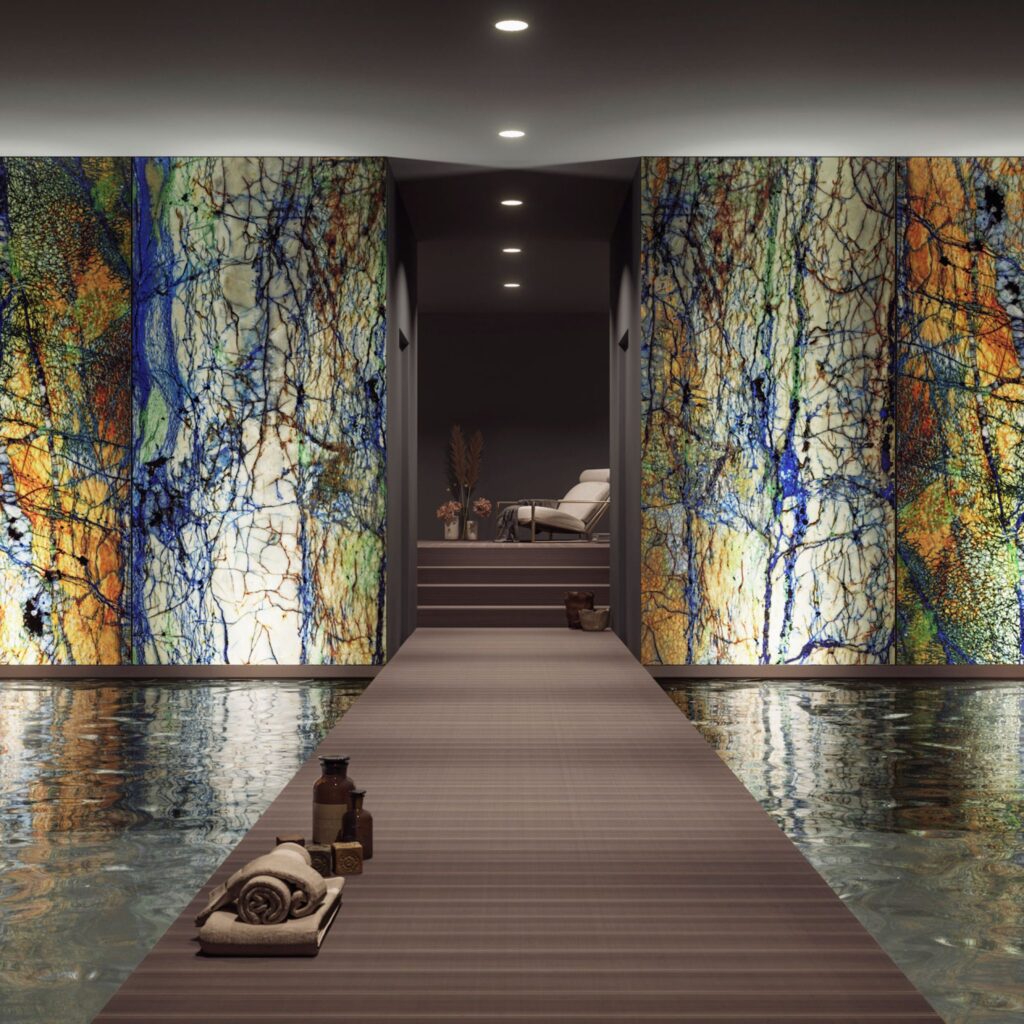 Panel design that looks like a cracked wall with many different colors displayed in spa