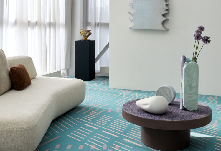 Aurora carpet, aqua blue with slanted lines in living room