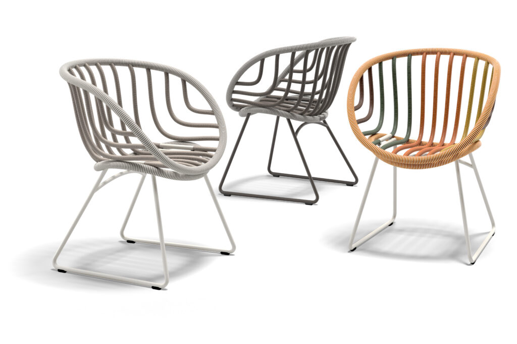Dedon outdoor chairs with ropy texture and whimsical colors 