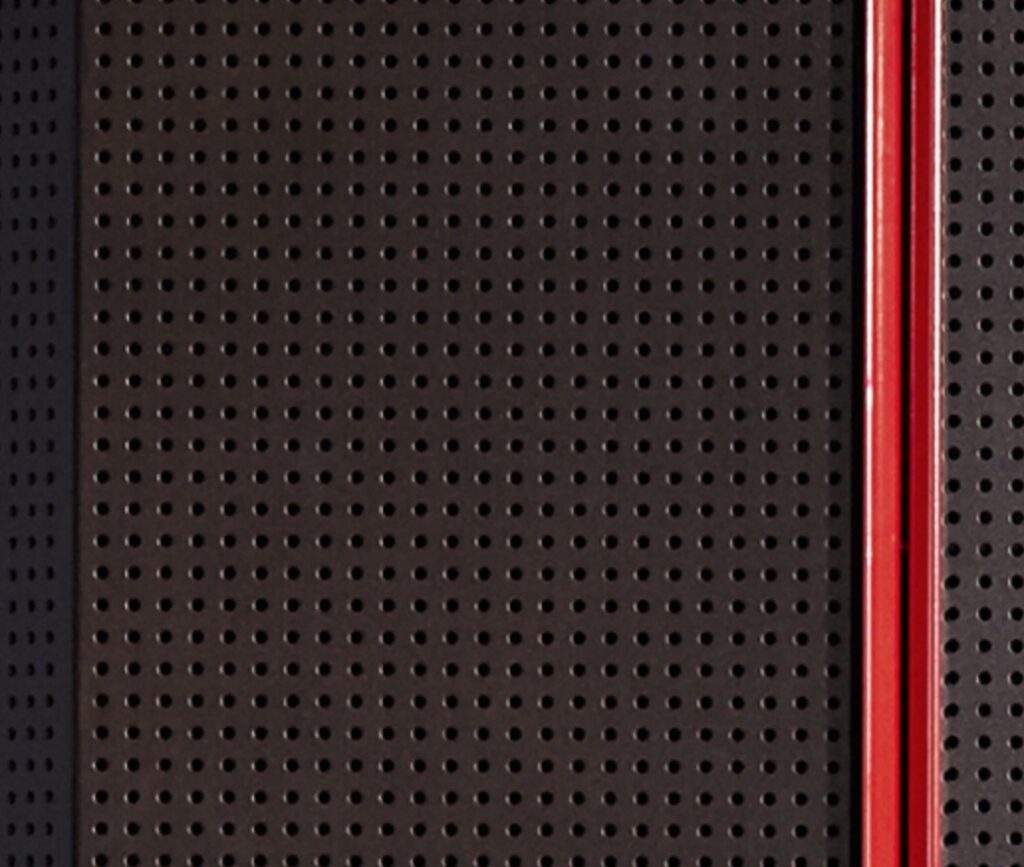 Perf door detail: black with red handles