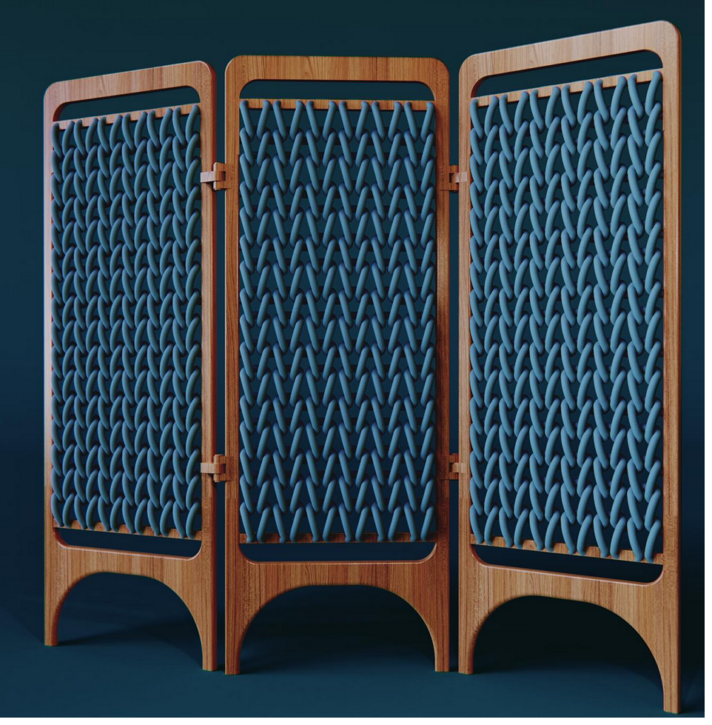 Wood room divider with a knitted partition