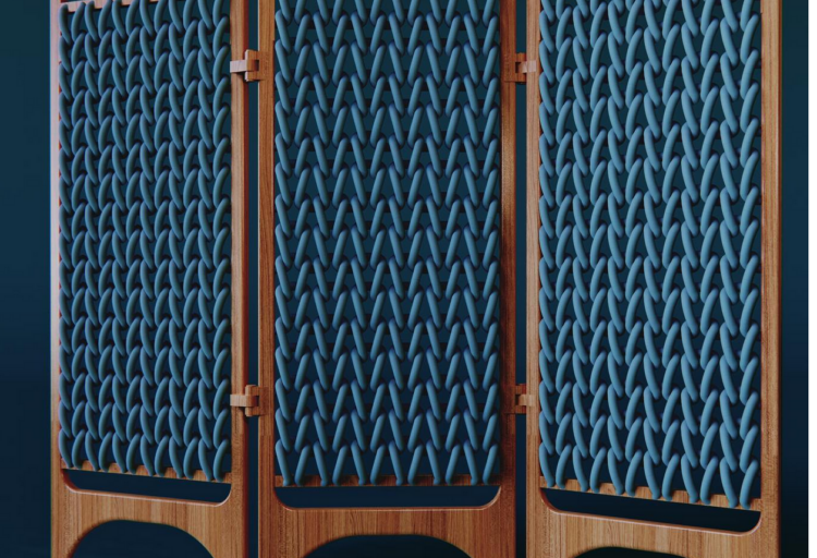 Knitted room divider in blue