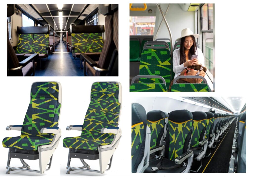 Textiles with green background and geometric design on train car