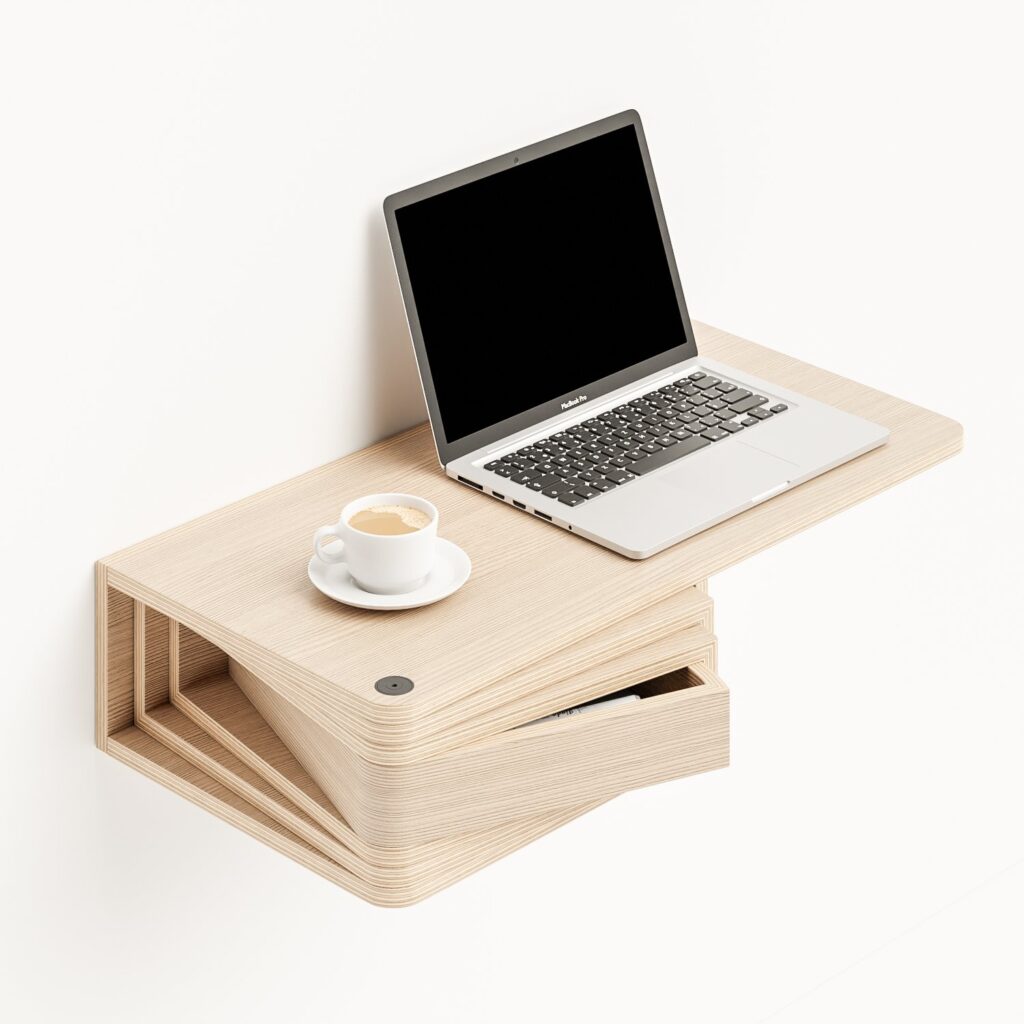 Desk with compartments in partially open position