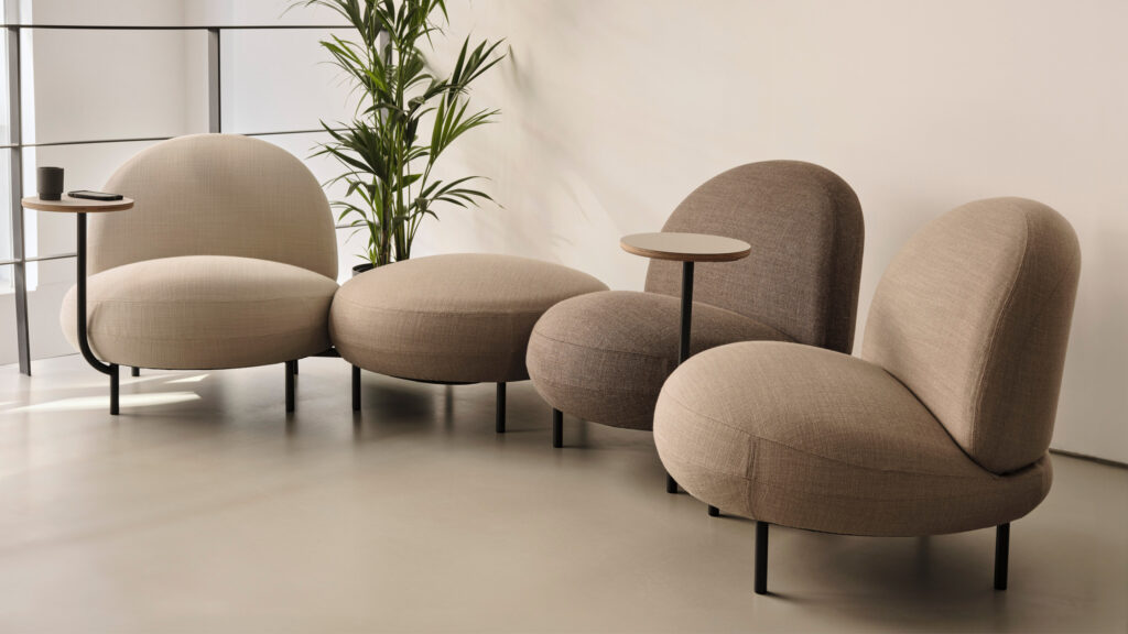 Maluma chairs in brown, three chairs and one ottoman