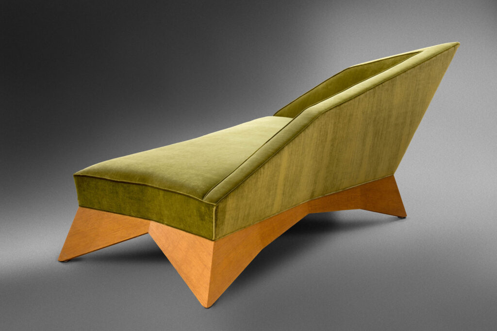 Cubist chaise longue with olive green upholstery on wood base