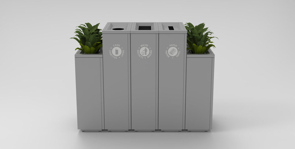 Valuta in silver planters bookending waste and recycling receptacles