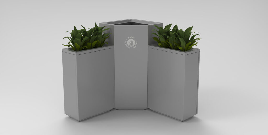 Silver colored planters and waste basket