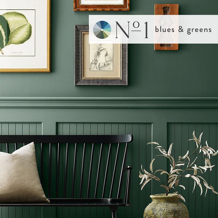 Billiard Green on wall with art and small black bench beneath