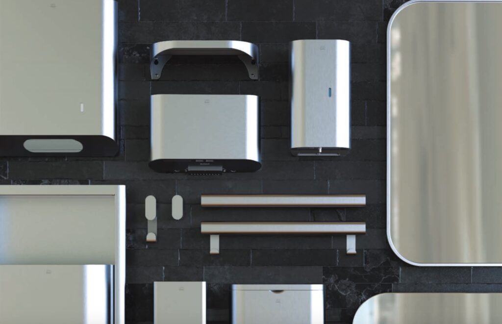 Suite of washroom accessories: grab bars, hooks, mirrors, paper/soap dispensers