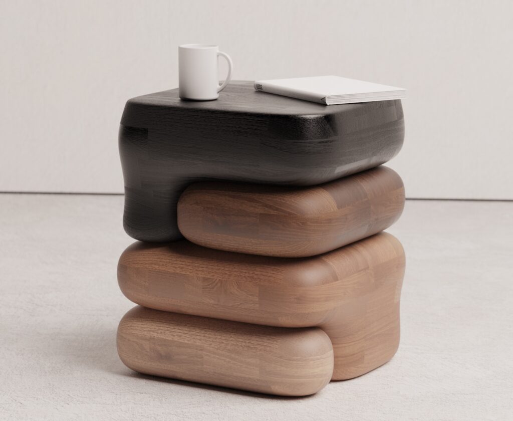 Wood block table with coffee cup