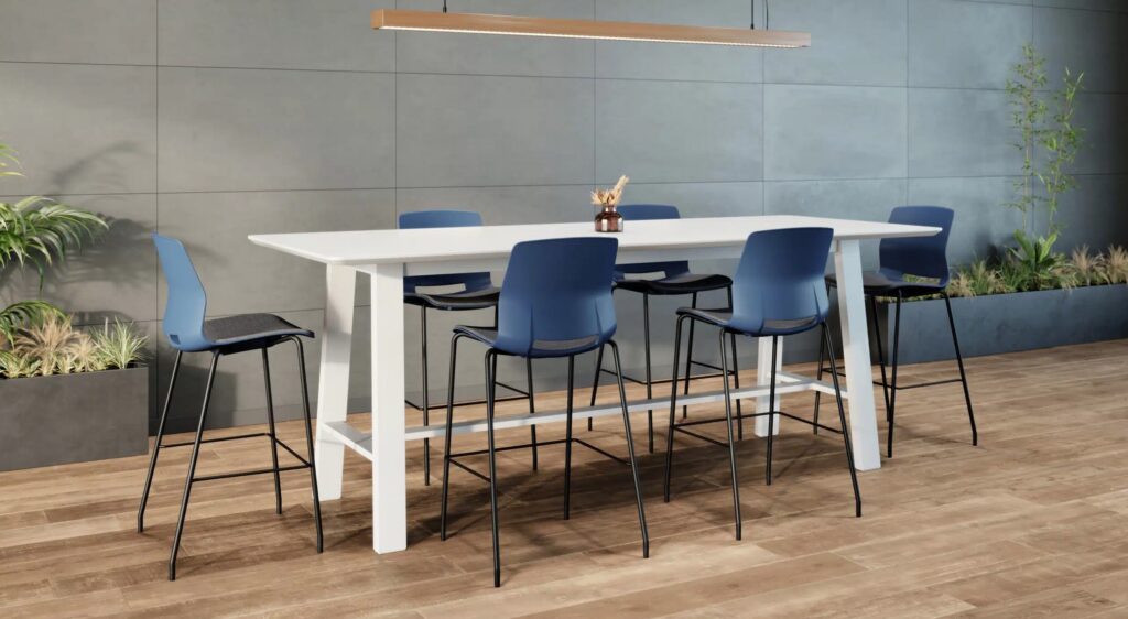 Counter-height stools around long white table