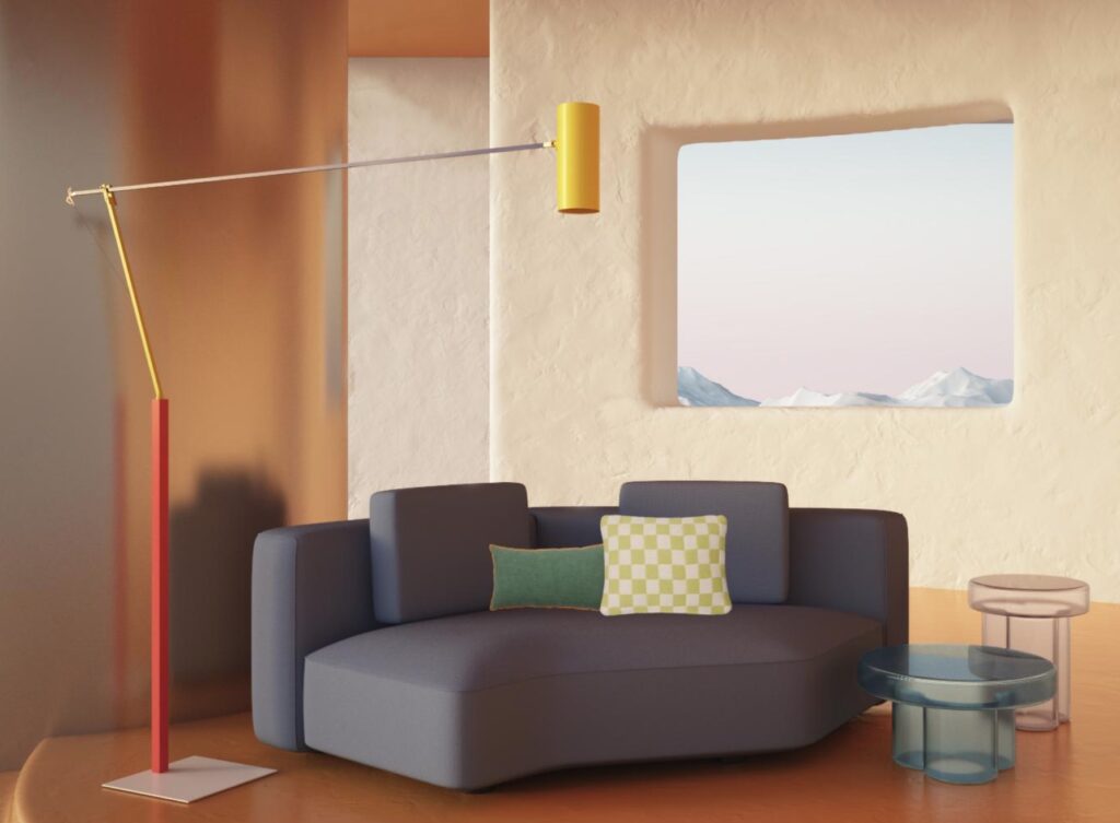 Small section of modular sofa in room with yellow floor lamp and two transparent tables