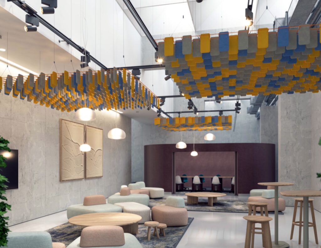 Acoustical panels in gray, blue, and yellow above workplace lounge