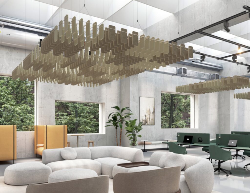Zintra Mesh in tones of white and beige above workspace lounge area