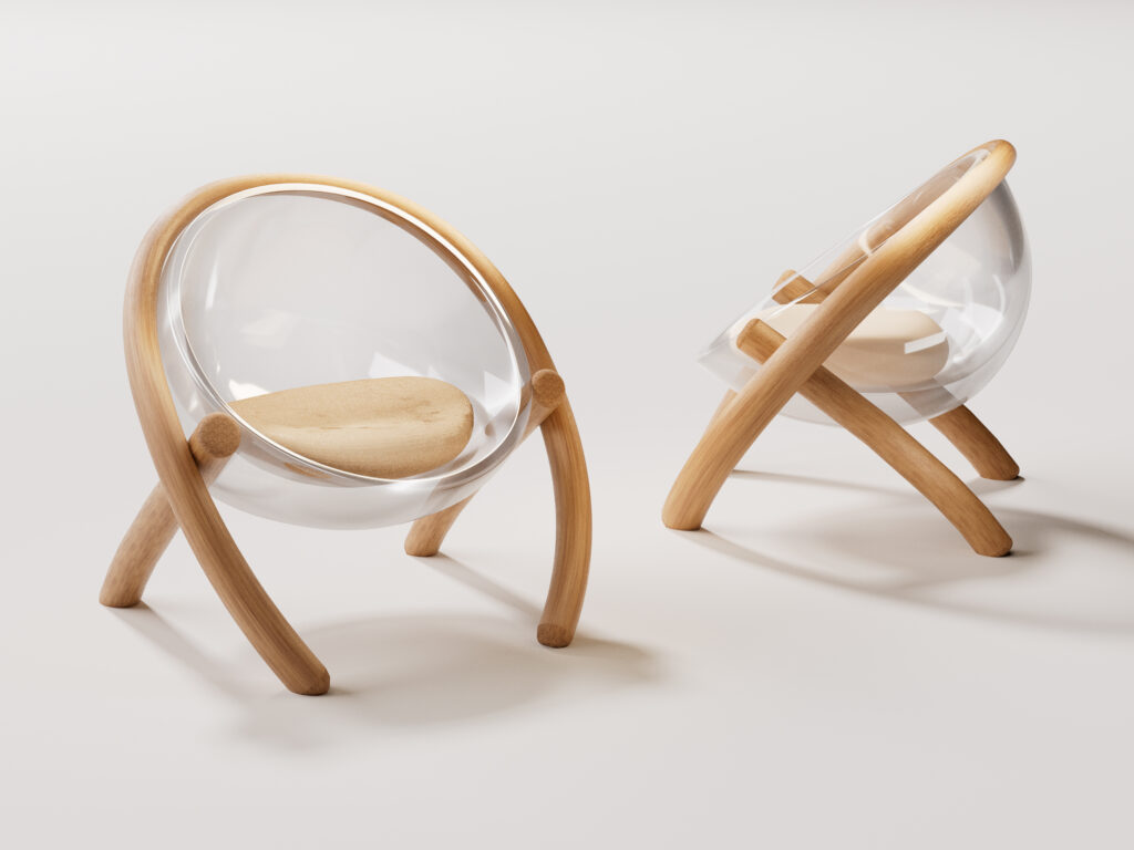 Two chairs with transparent PET back and wood frame