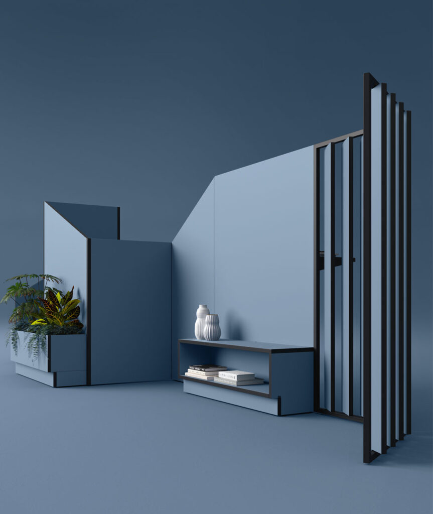 Space division system with louvered wall in blue