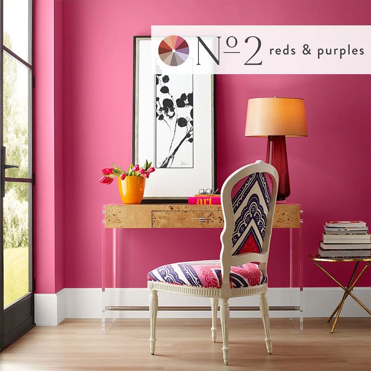 Sherwin-Williams Dragon Fruit on walls of personal study with eclectic accessories and small writing desk