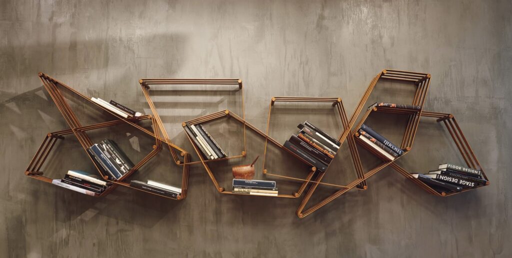 Bookcase in burnished brass with various intersecting polygons