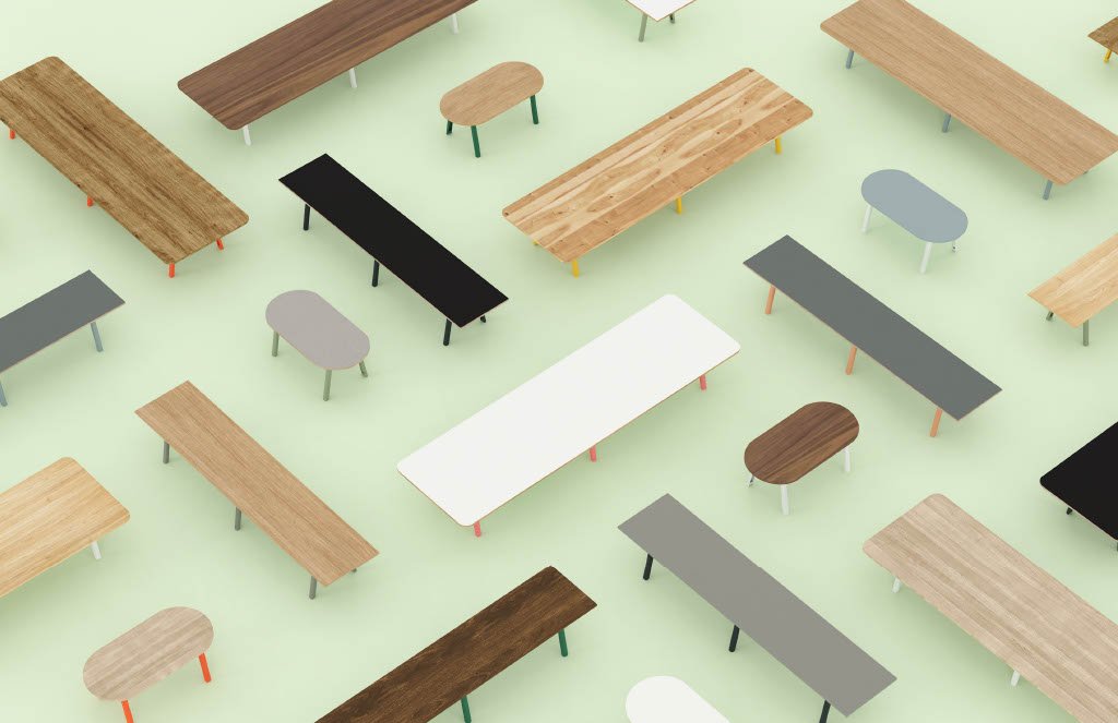 Multiple tables, view from above with varied profiles, tops, lengths and widths