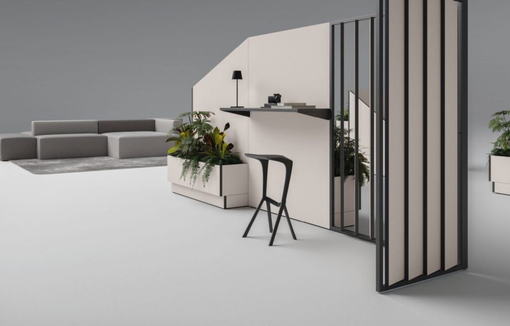 Space division system in white with louvered wall, planter, soft seating in background