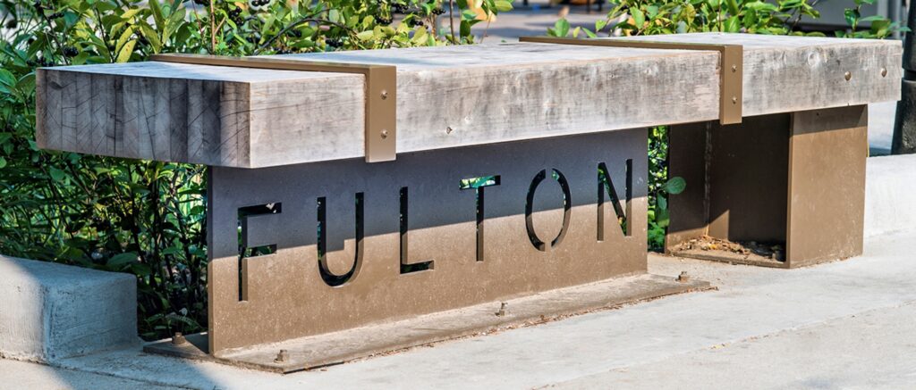 Bench with Fulton Market branding