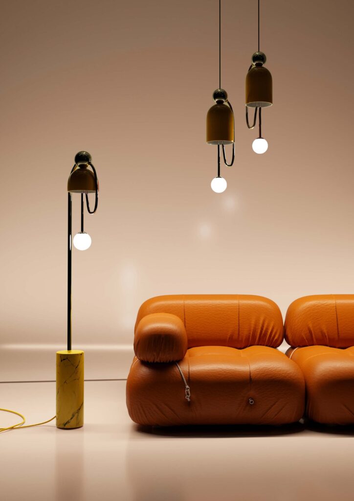Reach for the Stars lamp in dark red above rust-colored sofa