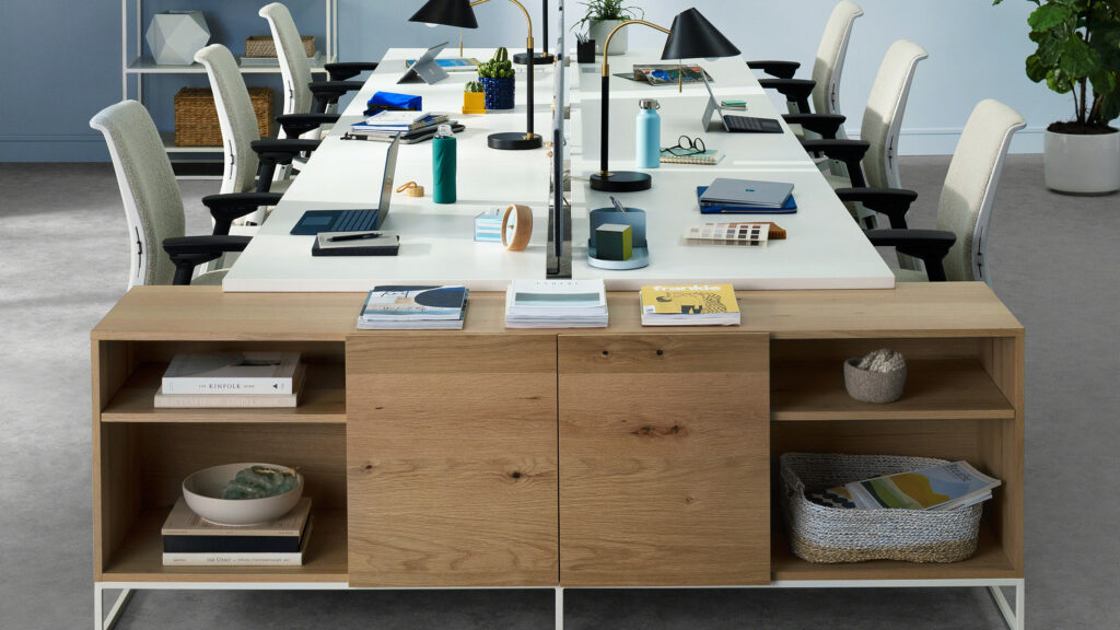 The Greenpoint End Credenza in situ at the end of a row of desks