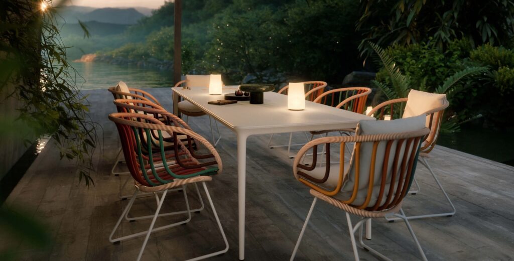 Several outdoor chairs around a table on nice patio in lush surroundings