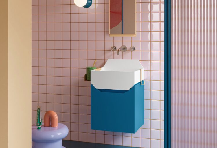 Ex. T Washroom with blue/white vanity and pink tile