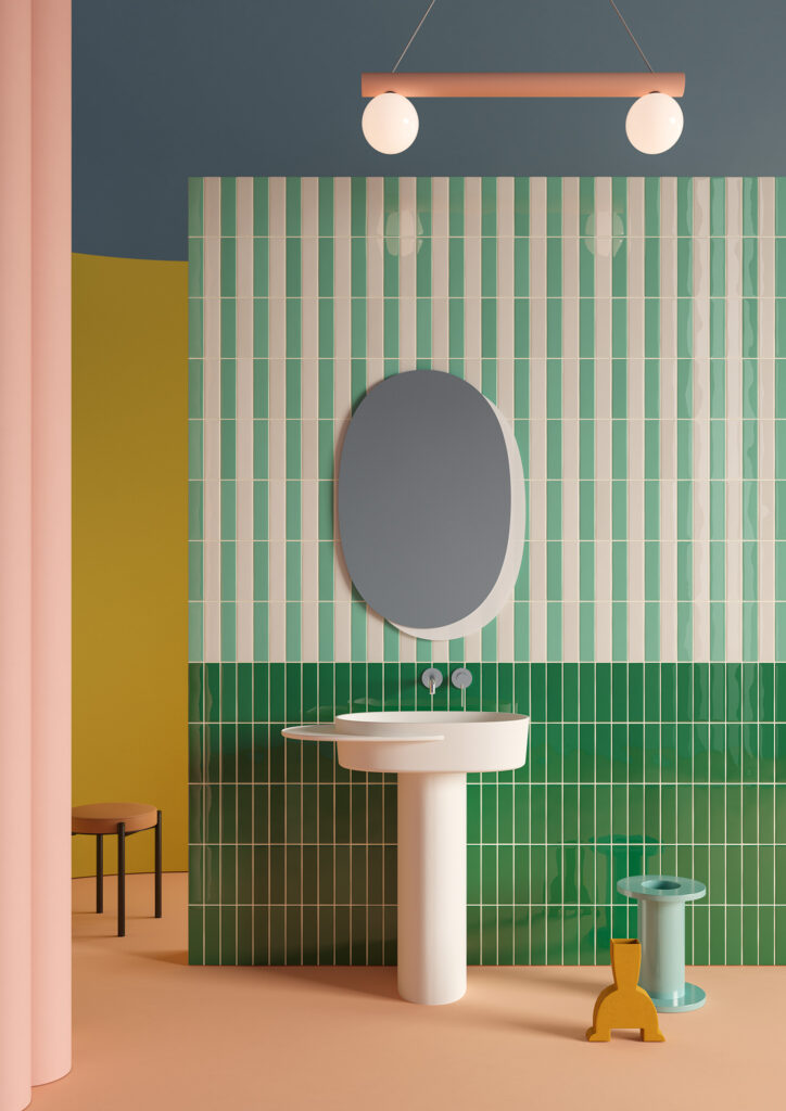 Ex. T Washroom with green stripy tile, oval sink, and pink curtains