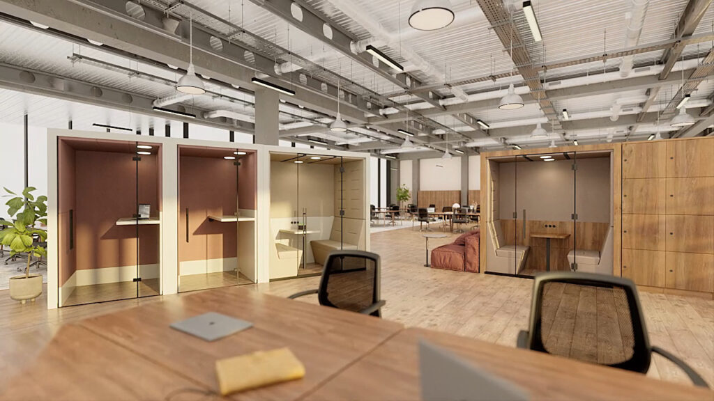 Open workspace with multiple Spacestor office pods