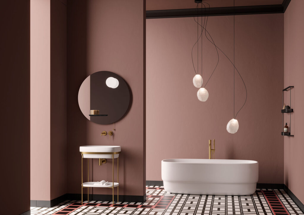 Ex. T bathroom with Art Deco tile and bulbous lighting fixture