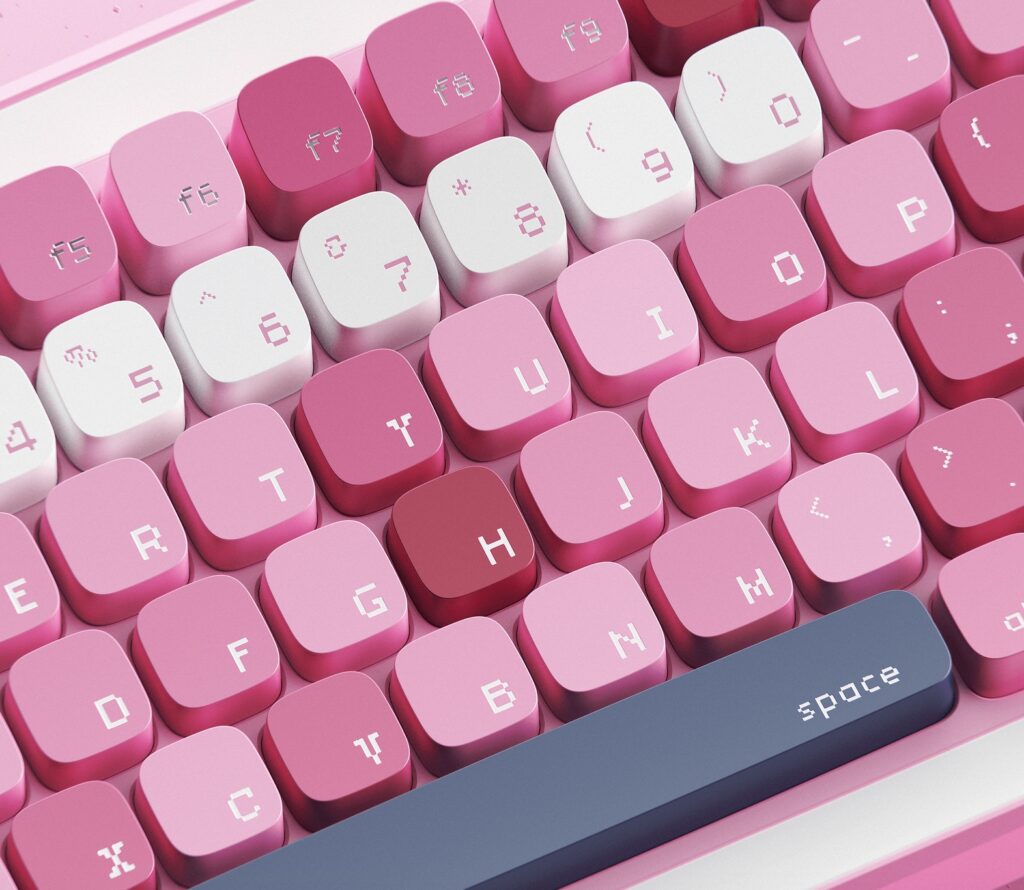 Detail of keyboard with pink keys