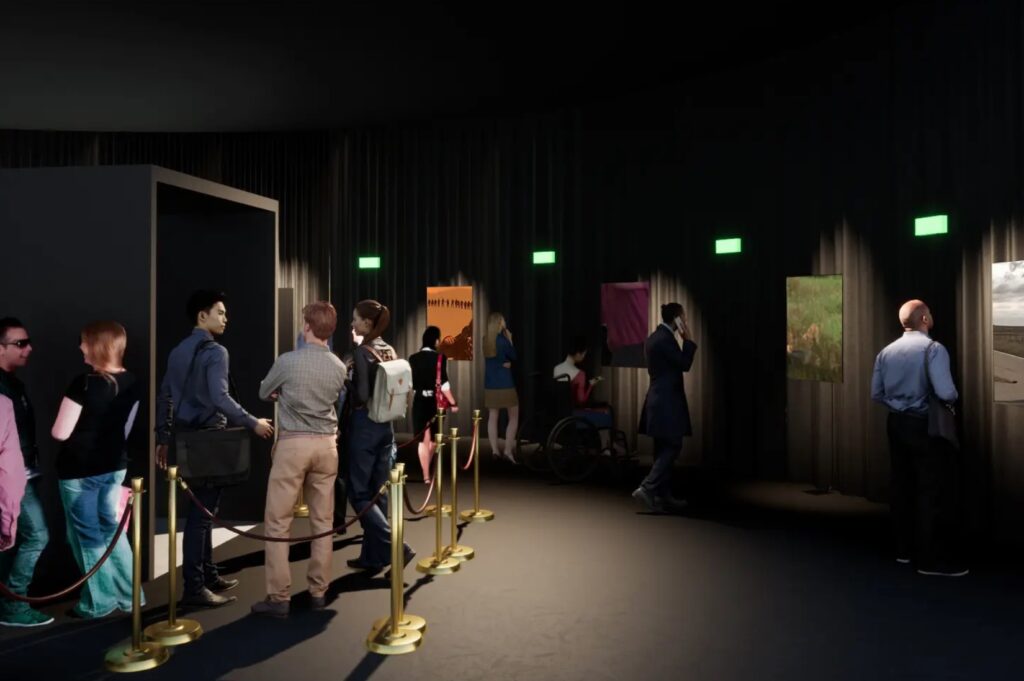 A rendering of Thinking Room with film clips and people standing in line