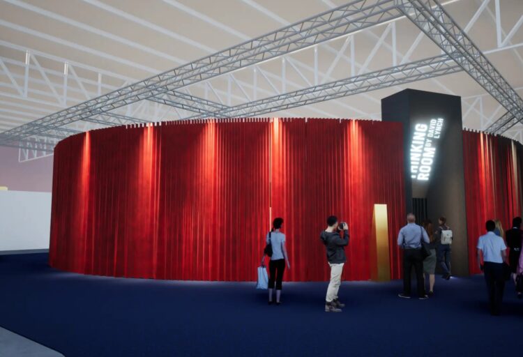 Thinking Room outside exhibit flanked in red velvet curtains