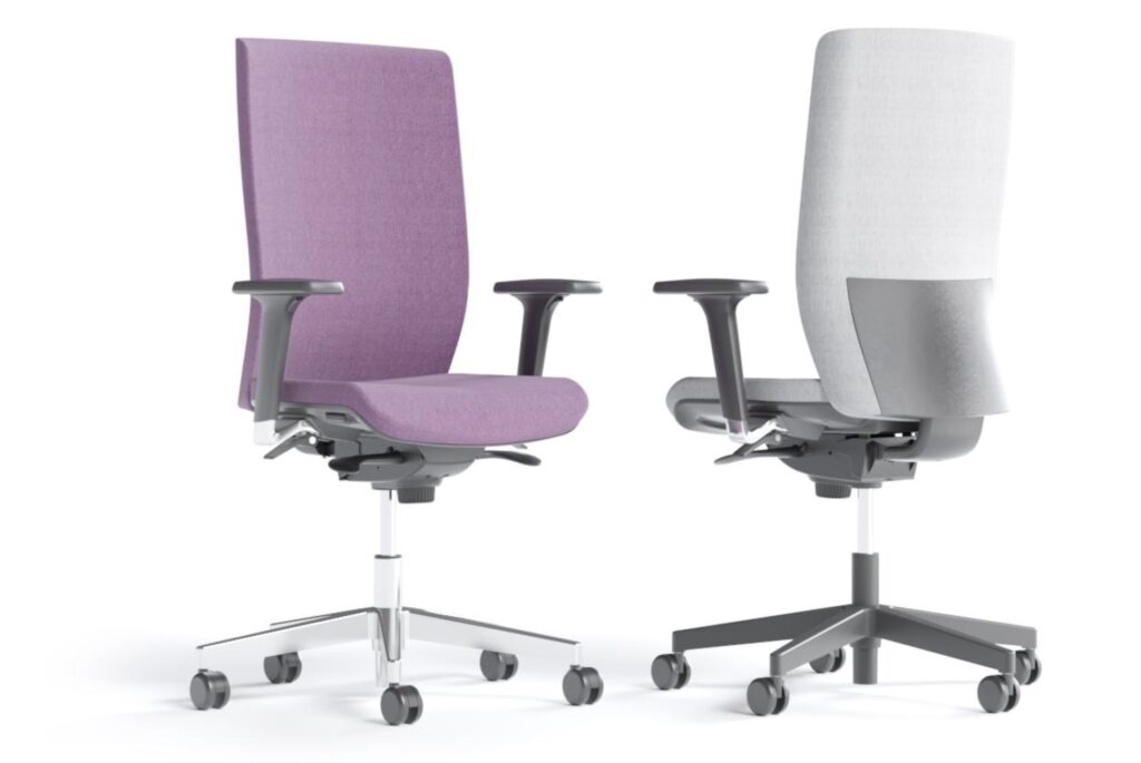Aura office chair in mauve and white places an emphasis on sustainability