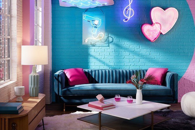 Barbie x Joybird Dreamhouse collection image featuring the Dreamhouse Chelsea Sofa in situ

