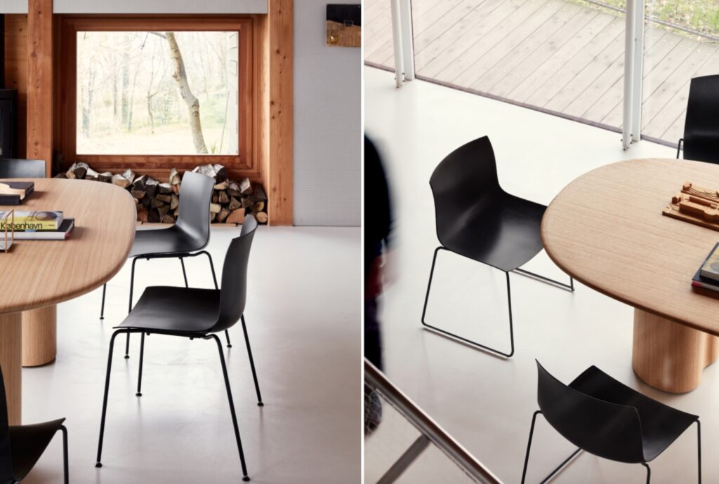 Catifa Chair several views in nice kitchen at wooden table with view of woods 
