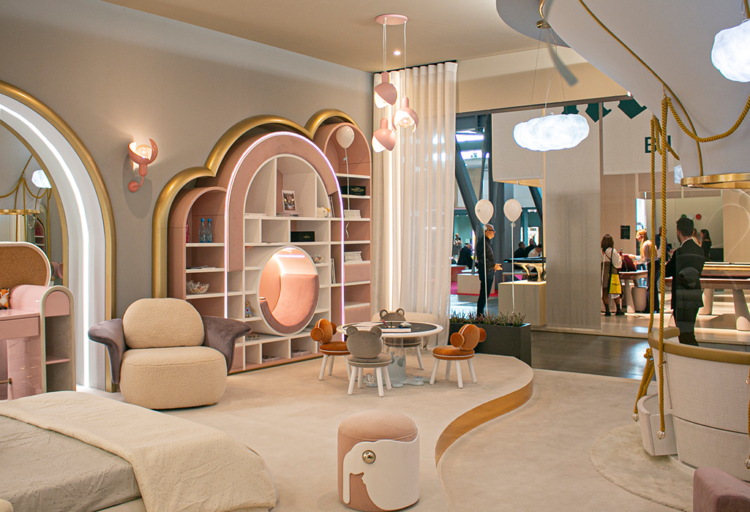 Circu's Salone showroom with bunny bed, Cloud pendant, air balloon seating, elephant ottomans, and activity table