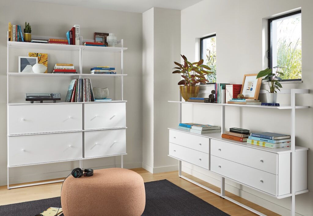 Beam in white with drawers and open shelves