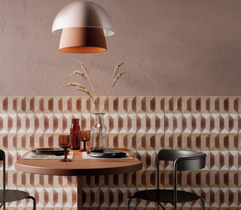 Eforea tile half wall in cafe with geometric shapes in red/pink