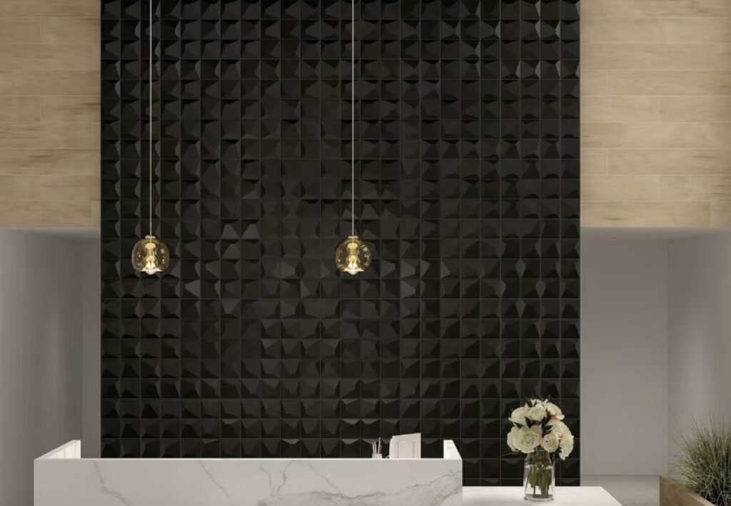 Electric tile black raised textured tile large format on wall 