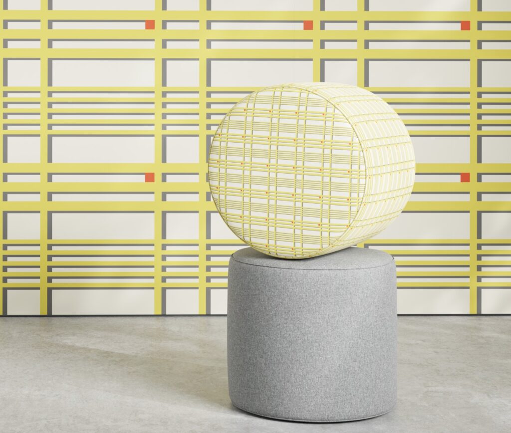 Grid pattern of lime yellow lines in different depths with stacked ottomans in front