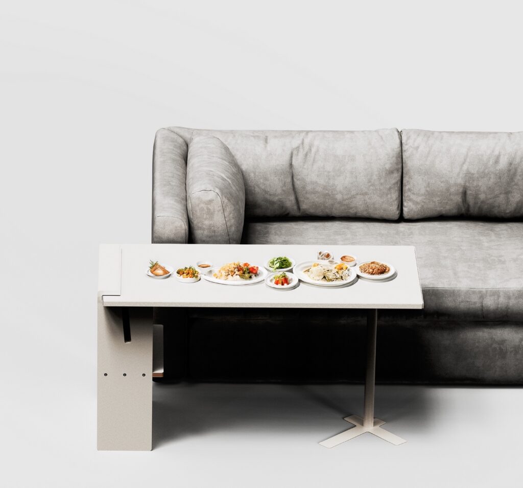 In table form with sofa and set with food